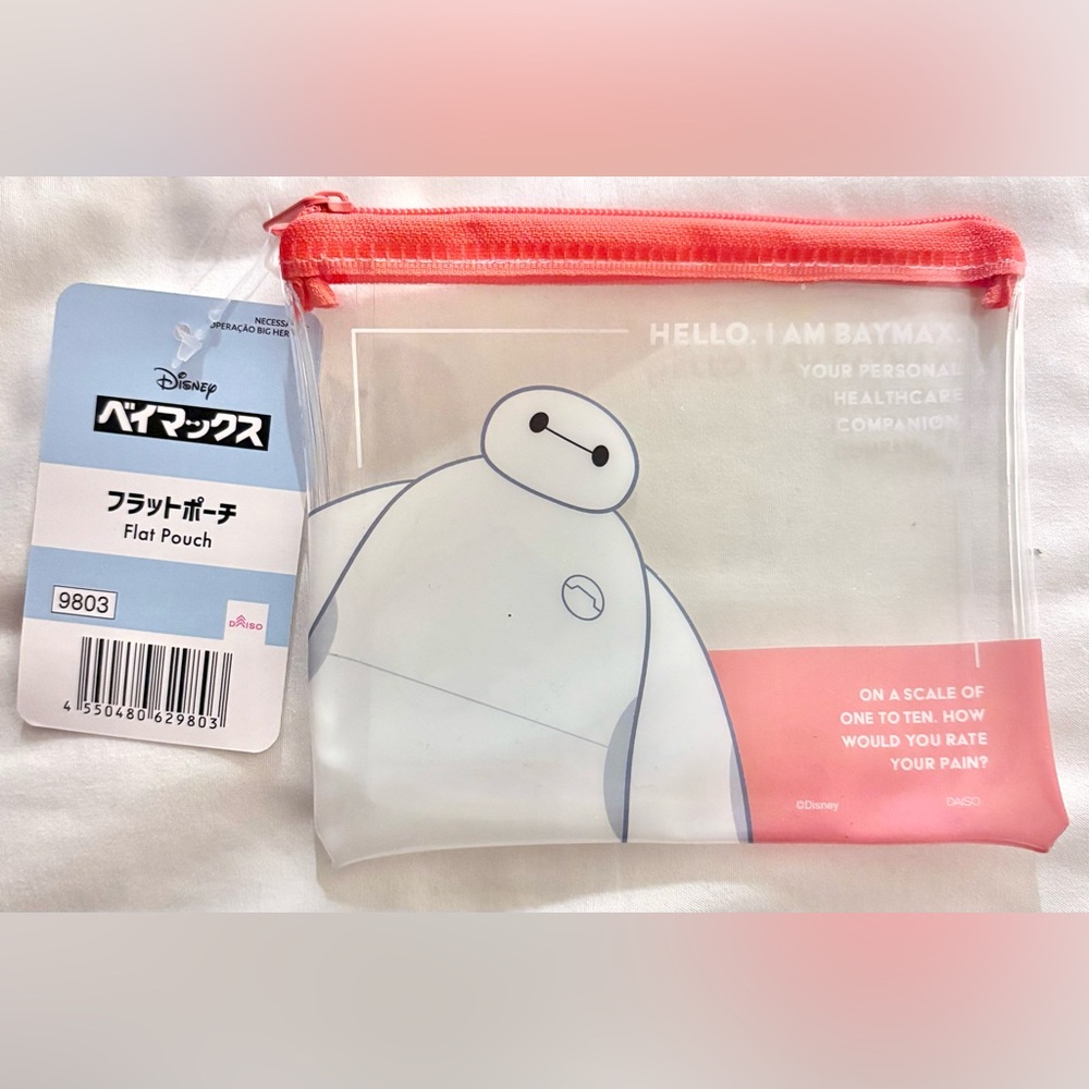Daiso Disney Baymax Big Hero 6 Vinyl Flat Small Clear Pouch Orange 5x5” New
